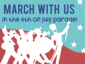 Illustration of marching band, with text saying "March with us."