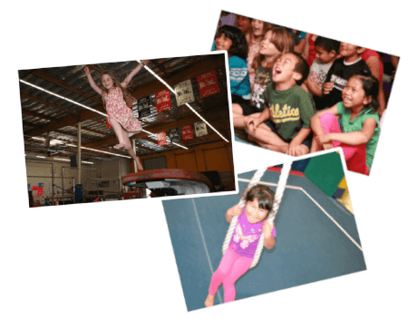 Photo collage of kids playing and doing gymnastics at a summer camp.