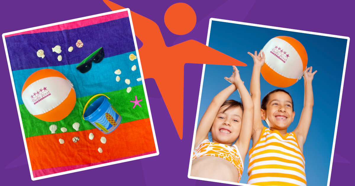 Two photos: first, an orange striped beach ball with a Pacific West Gymnastics logo, second, a boy and girl playing with the same beach ball.