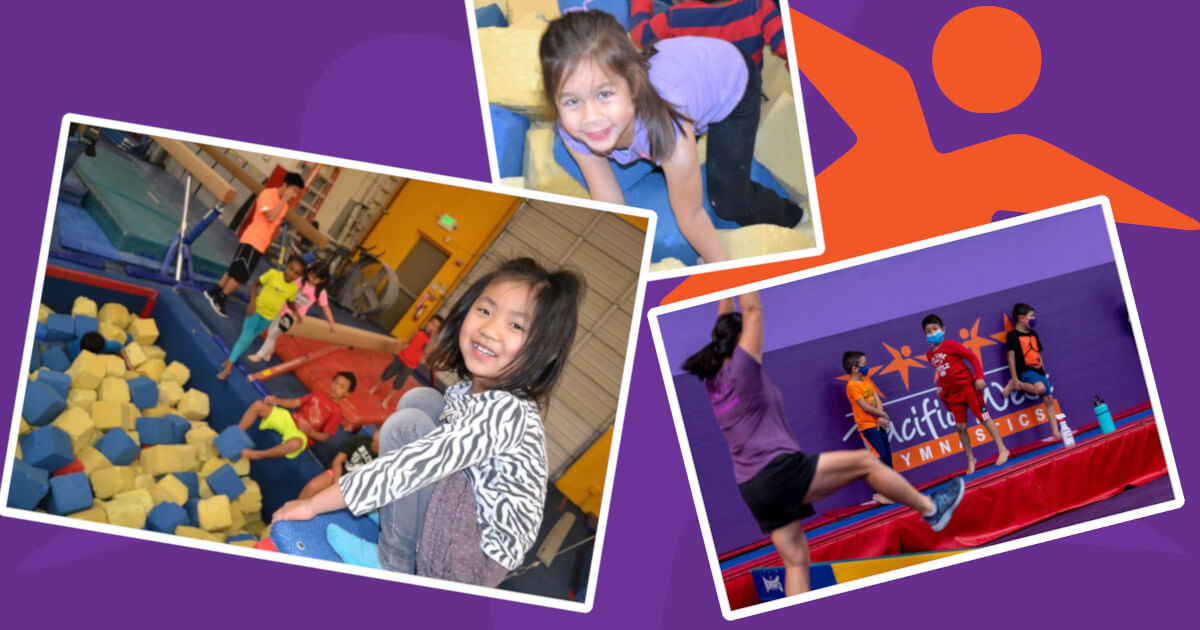 Collage of photos: a group of kids smiling before a gymnastics foam pit, a close up of a girl playing in the pit, an instructor shows three boys a gymnastics technique.