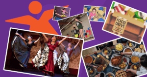 Collage of photos, people dancing, Thanksgiving dinner, etc.