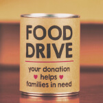 Canned food with label reading "Food Drive."